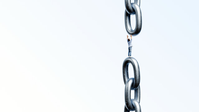 Man standing as missing link between two giant steel chain sections reaching up to connect them, key person, indispensable role and completing the chain, 3d render