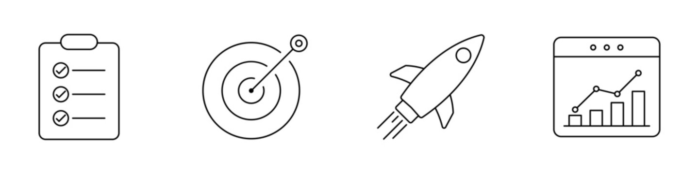 Business growth icon set. Outline checklist, target, rocket, and analytics symbols representing goal setting, startup success, strategic planning, performance, productivity, and business development.