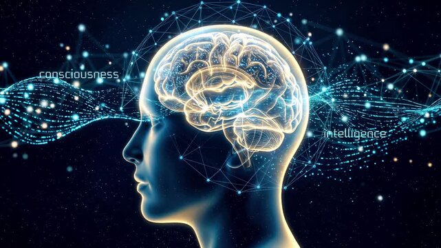 Human profile with glowing brain and neural network connections. Concept of artificial intelligence and consciousness. Lockdown shot.