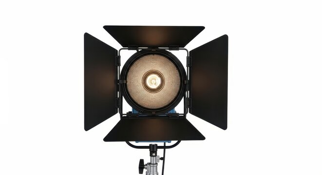 Studio light with barn doors on stand isolated on white background
