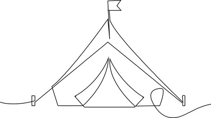 Minimalist continuous one line illustration of a camping tent, representing outdoor adventure, hiking, travel and wilderness camping. © Md Hasan