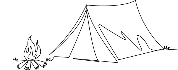 Minimalist continuous one line illustration of a camping tent, representing outdoor adventure, hiking, travel and wilderness camping. © Md Hasan