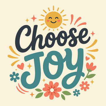 Hand-drawn watercolor joy quote with sun and floral elements for positive branding design