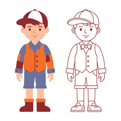 Two cartoon boys wearing baseball caps and casual outfits side by side