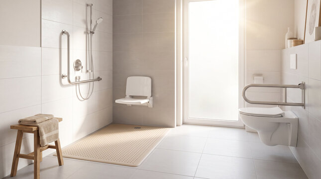 Modern accessible bathroom with grab bars and shower seat  