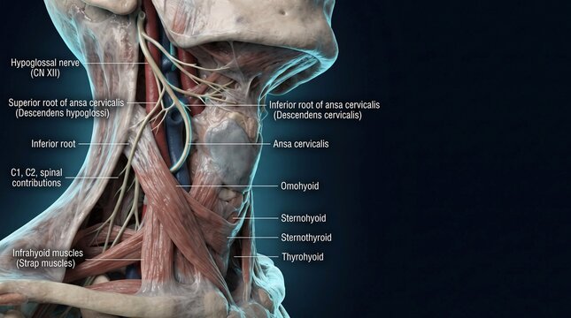Ansa cervicalis anatomy showing hypoglossal nerve, cervical roots and infrahyoid muscles of the human clinical