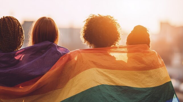 Diverse people celebrating unity wrapped in vibrant rainbow flags at sunset