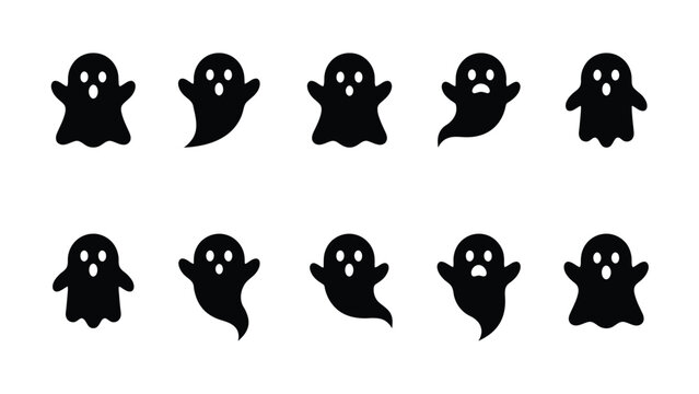 Floating phantom ghost character icons with different flying poses for seasonal graphics