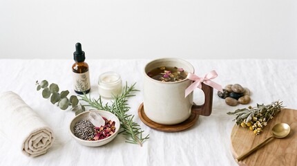 Fototapeta premium Herbal tea preparation with lavender rose petals essential oil and natural ingredients for wellness