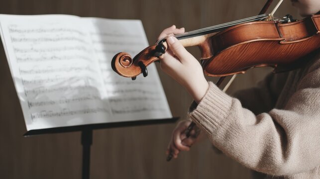 Young musician practicing violin with sheet music in cozy room