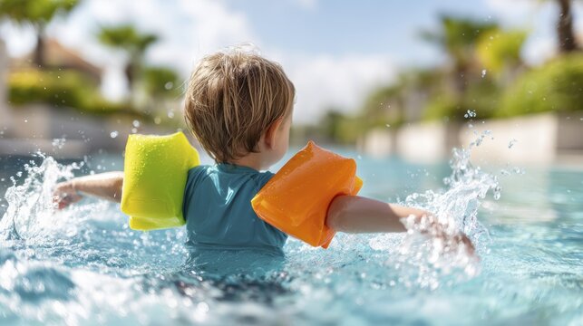 Joyful child swimming with floaties in a sunny outdoor pool