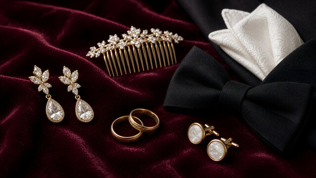 Groom Bow Tie Rings Cufflinks and Bridal Hair Accessories on Burgundy Velvet