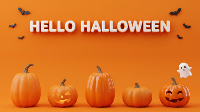 Halloween pumpkin trio with greeting on vibrant orange 3D background for festive decor