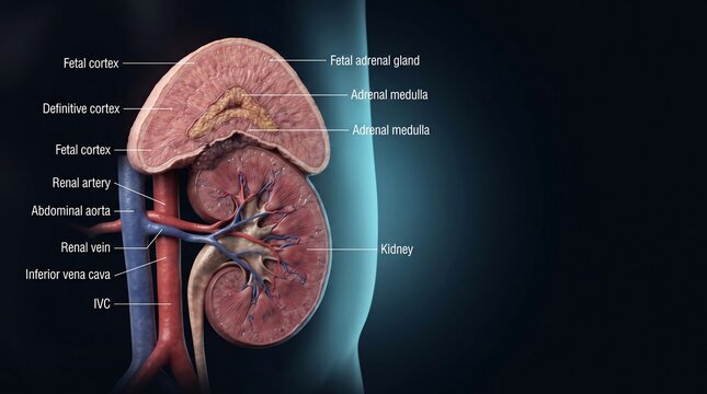Fetal adrenal gland and kidney anatomy showing renal vessels abdominal aorta and inferior vena cava section 3D