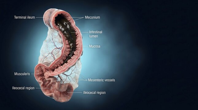 Fetal intestinal anatomy showing terminal ileum meconium lumen mucosa and mesenteric vessels 3D model detailed