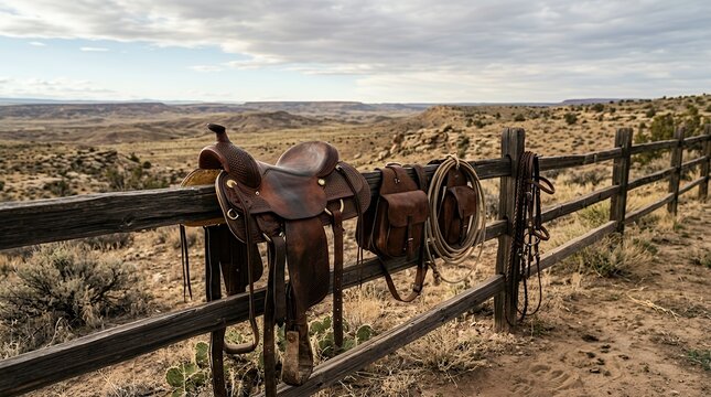 Traditional Leather Riding Gear Resting Upon Rustic Fence Line Overlooking Arid Desert Countryside with Dusty Ground and Cloudy Horizon horse saddle hanging wooden ranch fence scene wild west