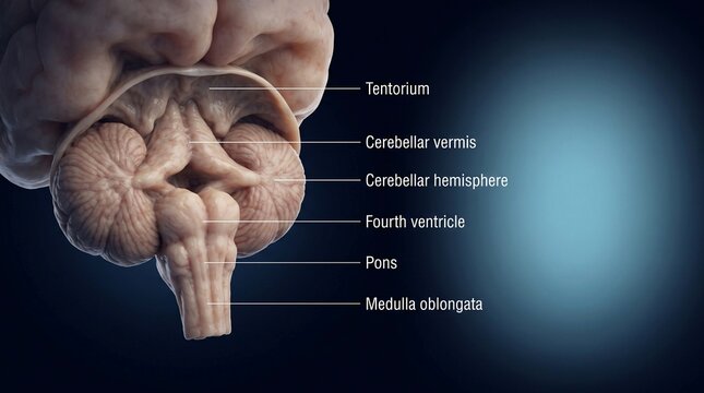 Cerebellum and brainstem anatomy showing tentorium vermis hemispheres fourth ventricle pons medulla diagram 3D