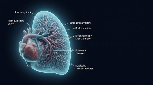 Anatomical illustration showing human heart and lung with labeled pulmonary structures