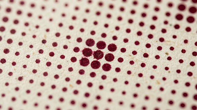 Macro magnification of deep crimson pigment halftone dot matrix grid printed on fibrous vintage cardstock background red halftone ink print paper texture macro close-up deep printed dot grid fibers