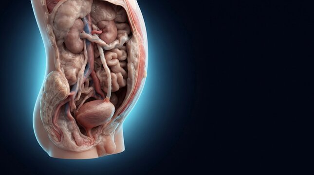 Detailed anatomical illustration showing internal organs and vascular system