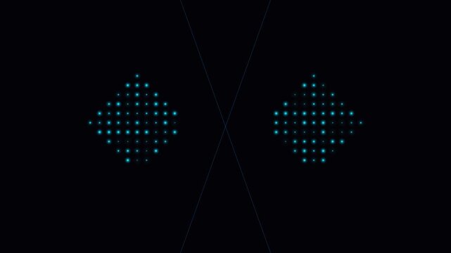 Abstract background featuring two glowing diamond shapes composed of floating digital particles moving on dark empty space.