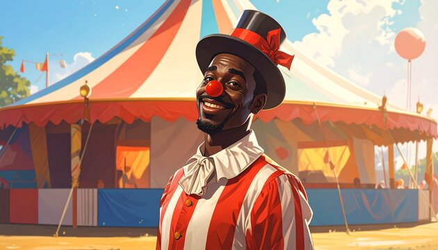 Close up on a person with smile on their face, retro clown makeup, red white striped shirt, black top hat with red ribbon, warm sunlight outdoors, colorful circus yant in the background 