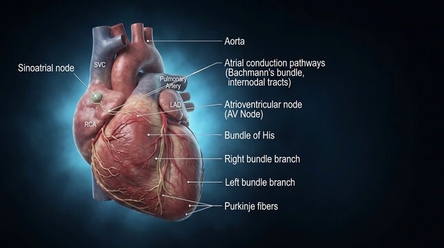 Detailed anatomical illustration of human heart with labeled cardiovascular structures