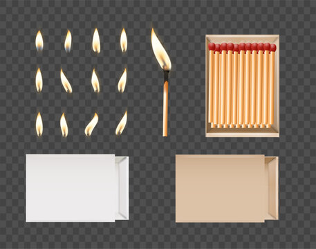 Matchbox, empty package for match sticks in top and perspective view. Realistic mockup of 3d blank box. Stages of burning the match. Symbol of ignition burning. Vector illustration
