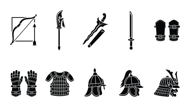 Asian and historical military armor equipment icons featuring bows spears kris blades and helmets for character development