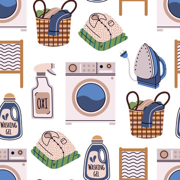 Laundry, seamless vector pattern. Washing machine, clean clothes folded in a stack, an iron. Wicker laundry basket, washing gel, oxygen bleach. Hand drawn colorful background. Flat housework ornament