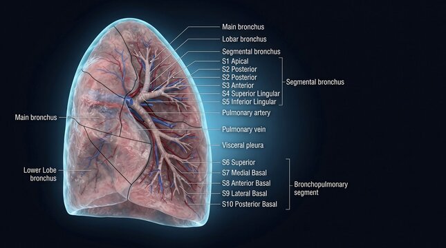 Anatomical illustration showing detailed structure and labeled parts of a human lung