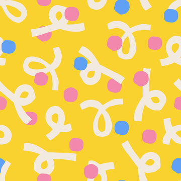 Squiggle loop and dot scatter seamless repeat on a solid ground. Modern Playful Surface Pattern Design with a fun, retro-groovy hand-drawn character. Ideal for kids and contemporary textile, wallpaper