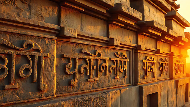Intricate Devanagari script carvings on a warm stone temple wall.