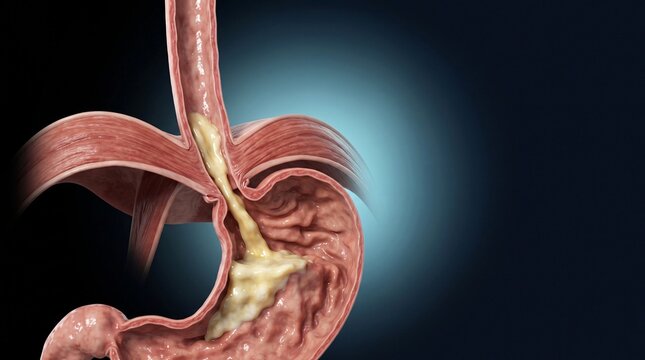 Cross-sectional view of human stomach with food bolus and gastric juices during digestion process.