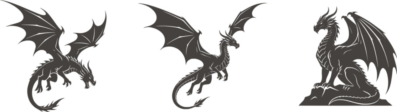 Mythical dragon silhouettes set, 3 black flying and sitting dragon vector icons, fantasy creature mascot graphics for gaming and logos