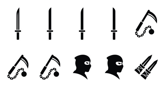 Ninja weapons and masks vector icons for martial arts and stealth themes