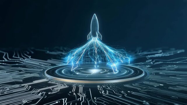 Digital rocket launch from glowing circuit platform representing startup innovation and technology
