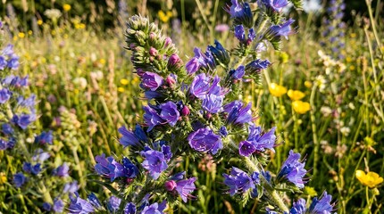Obraz premium Dynamic close up of wild purple and blue echium blossoms opening outdoors in a sunlit natural meadow field setting flower blossom wild blooming purple blue meadow nature floral plant outdoor petal
