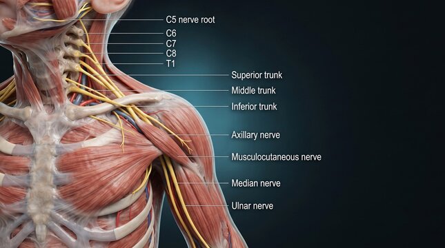 Anatomical illustration showing human upper body muscles and nerves with labeled nerve roots and branches