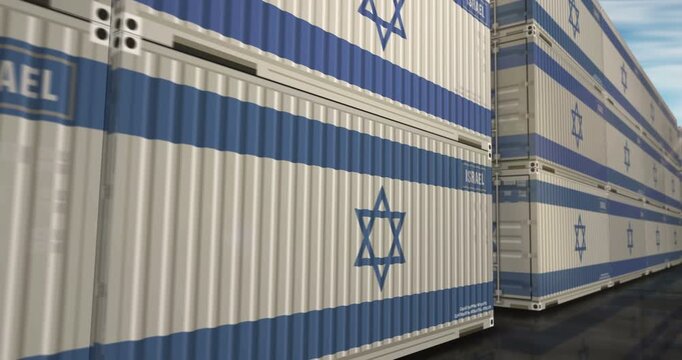 Israel export import and production cargo containers in row seamless and loopable business concept. Israeli flag industrial shipping box 3d loop.