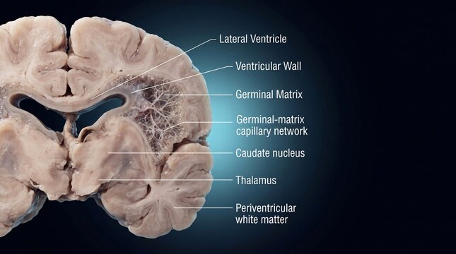 Anatomical cross-section view of human brain with labeled structures