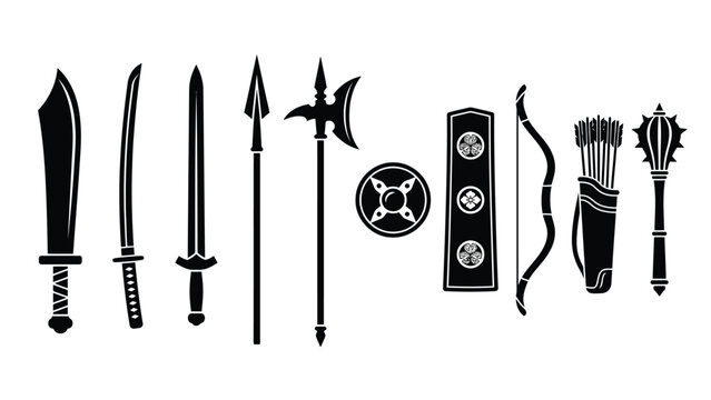 Set of feudal japanese weapons and accessories including swords and polearms