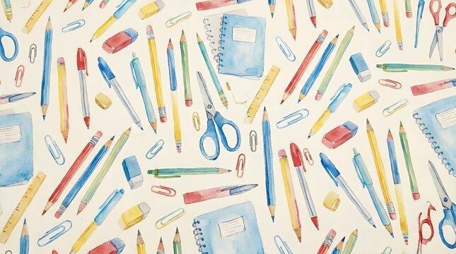 Continuous hand painted art pattern with school supplies including colorful writing instruments and stationery accessories on light background watercolor education seamless pattern pencil stationery