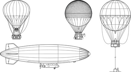 Hot Air Balloons and Vintage Airship Blueprint Line Art Technical Drawing Vector Set for Aviation Travel Concept © Mst