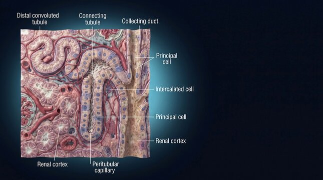 Detailed anatomical illustration showing renal tubules and nephron structures