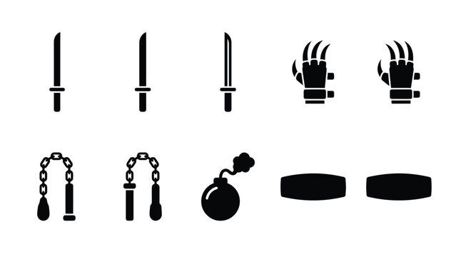 Ninja weapon set featuring katana swords metal claws and nunchaku black silhouette icons