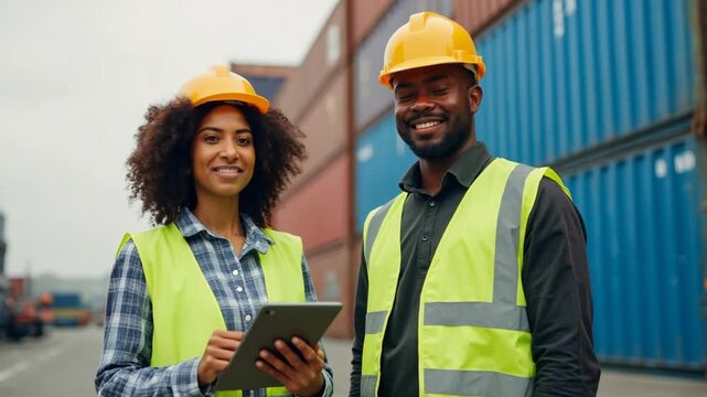 Two diverse workers in safety vests and helmets stand at a shipping container yard. The woman holds a digital tablet, displaying teamwork, logistics, and modern industry solutions.