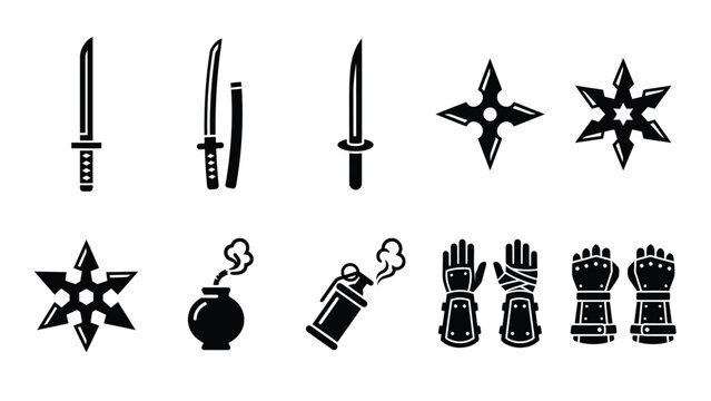Professional ninja tools including shuriken throwing stars and armored gauntlet icons
