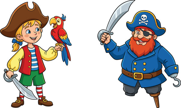 Cute Pirate Captain with Sword Hook and Peg Leg Next to Boy Pirate Holding Parrot Cartoon Character Set for Kids Adventure Graphic Design Flat Vector Illustration