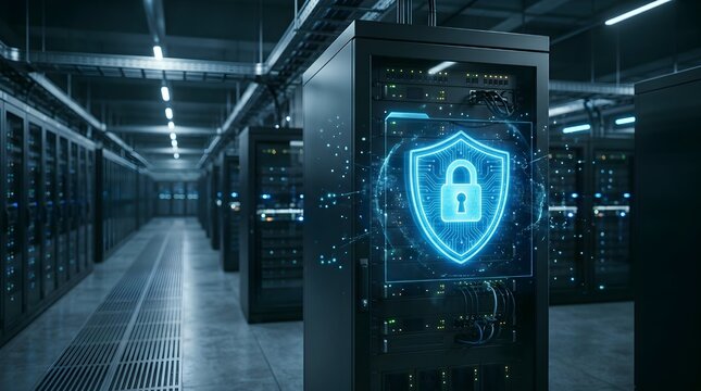 Cybersecurity shield icon in modern data center, secure server room with digital padlock interface, cloud computing network protection